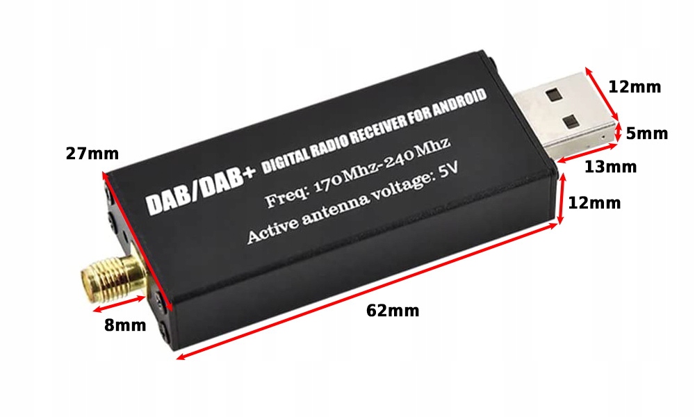 TUNER DAB ADAPTER DO RADIA Z SYSTEMEM ANDROID USB Waga produktu z opakowaniem jednostkowym 0.6 kg