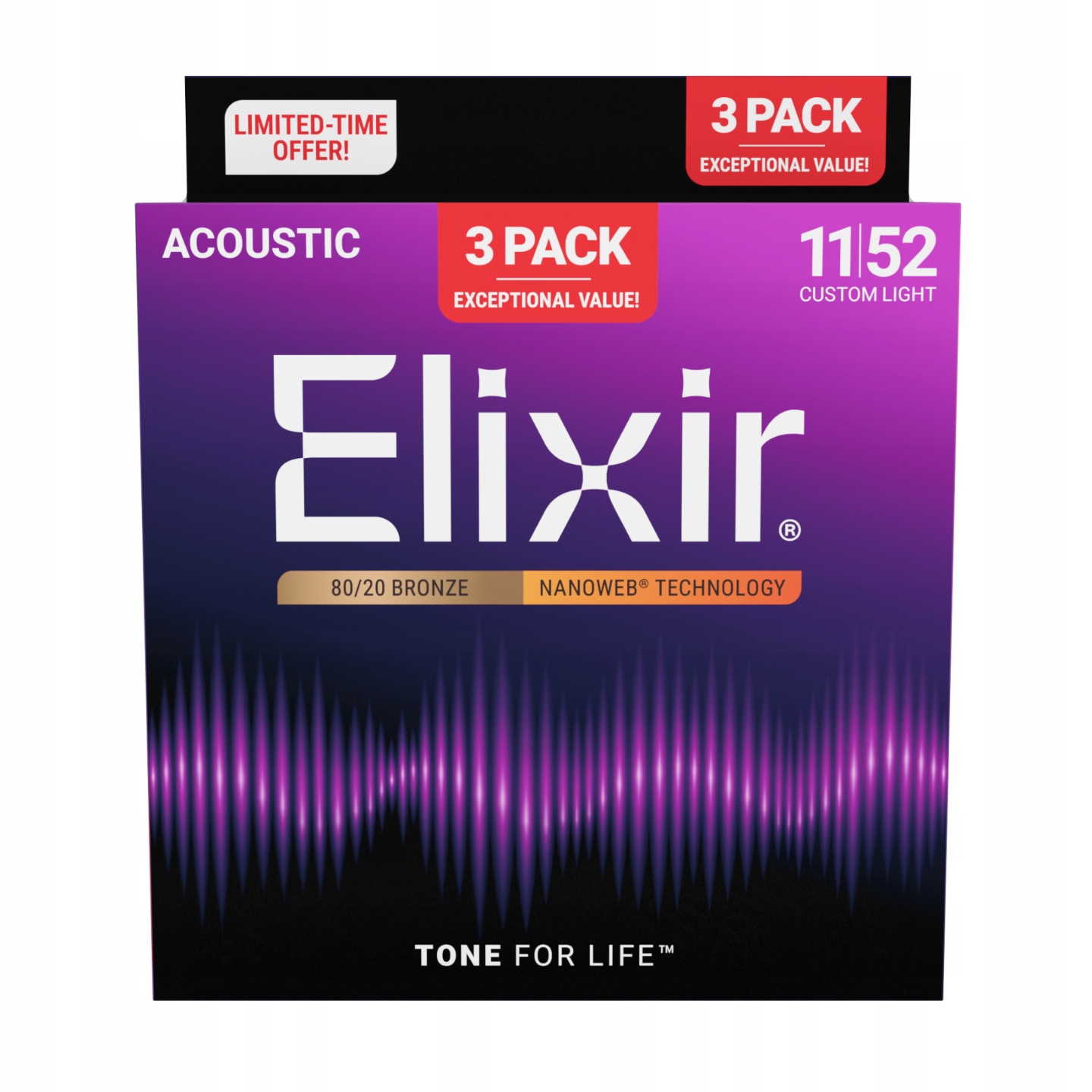 3PACK Struny Elixir NanoWeb 80/20 Bronze 11-52 Custom Light New (16564)