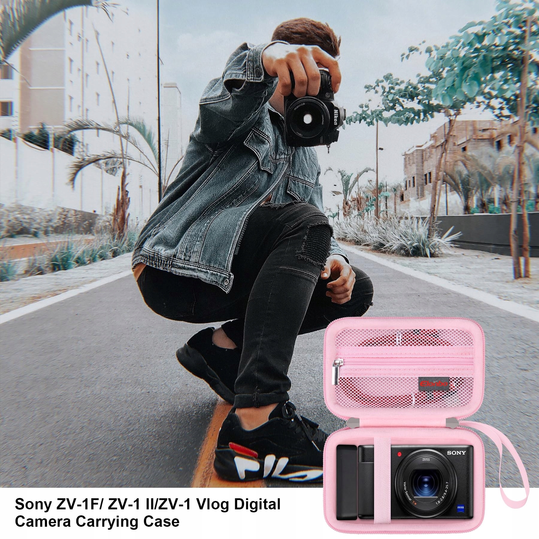 ELONBO Torba Podróżna Do Sony ZV-1 ZV-1F ZV-1 II Kamera 4K Różowa — miniatura 7