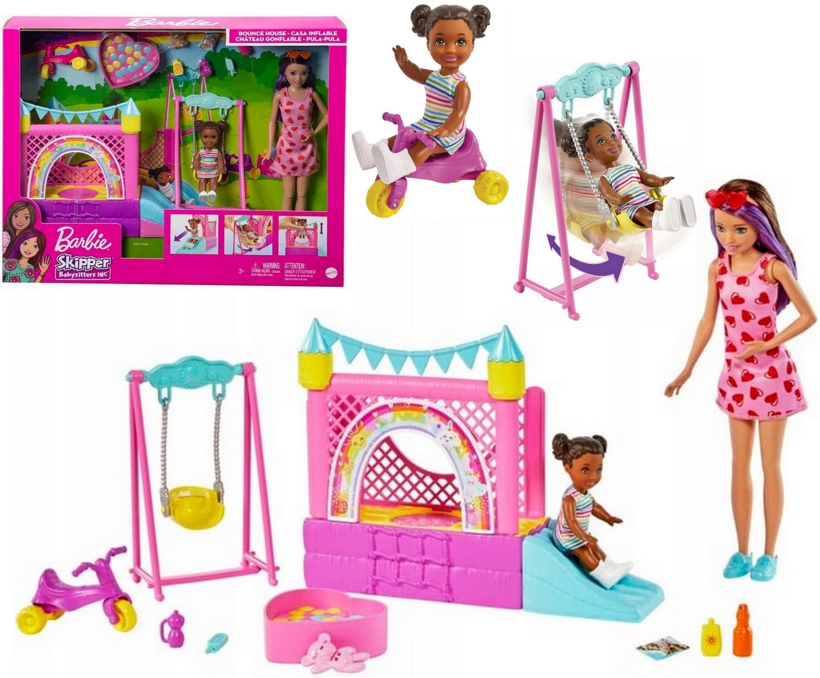 Lalka Barbie Zestaw Opiekunka Dmuchany zamek plac zabaw+akcesoria HHB67