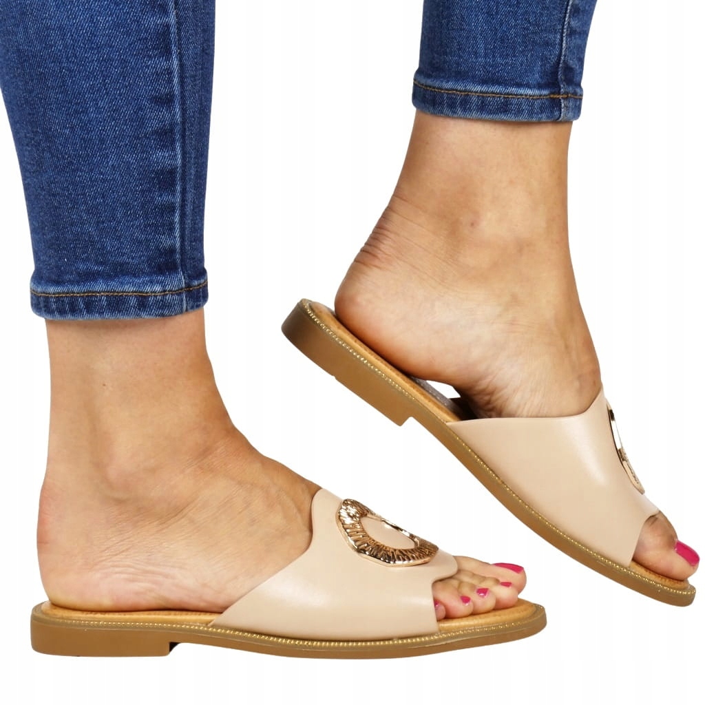 Žabky Na Ploché Podrážce, Béžové, Se Zlatou Ozdobou, Elegantní Top