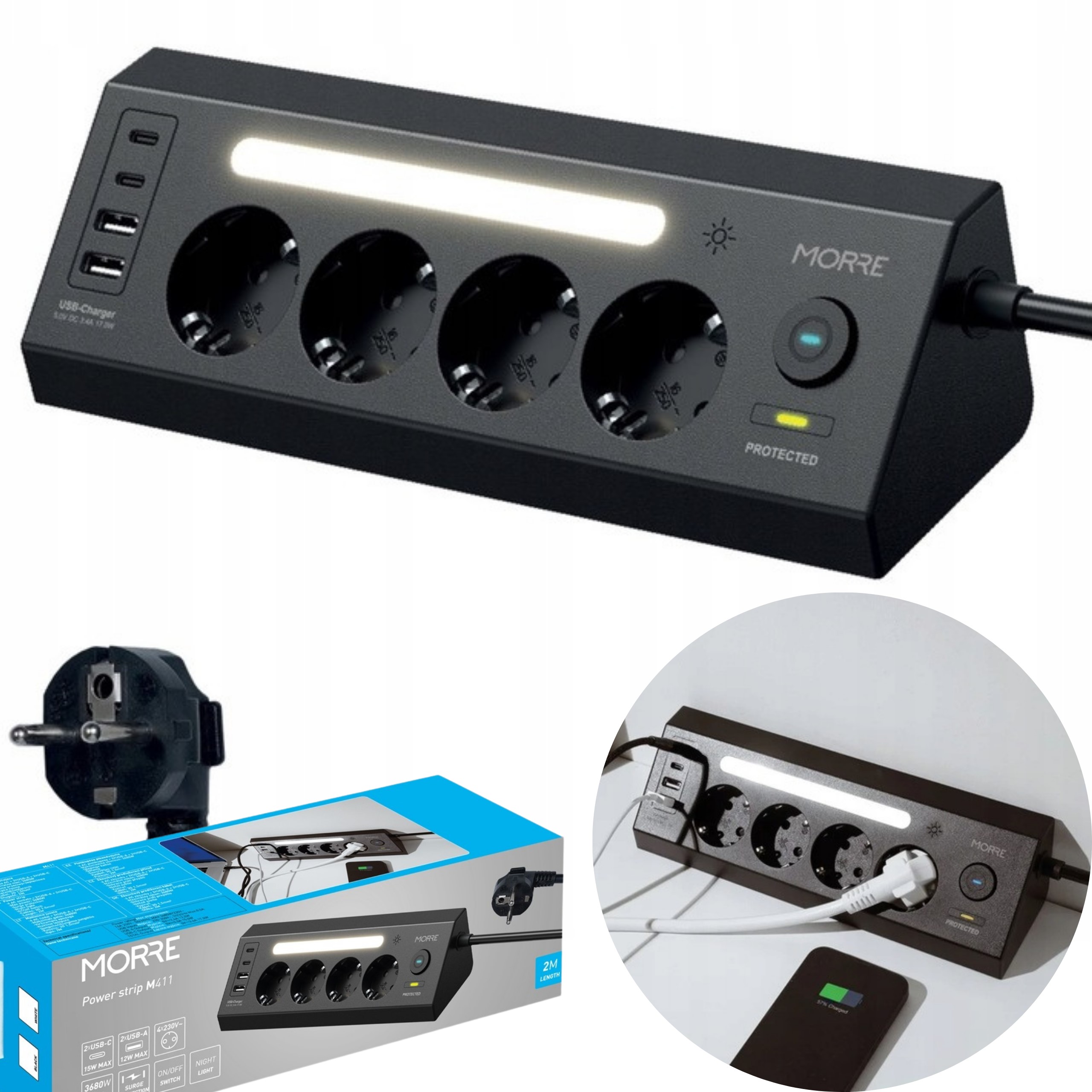 Tiross Morre Listwa Zasilająca Narożna 4G 2xUSB 2xUSB K. Czarny