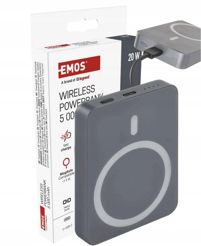 Powerbanka Emos Wi 522, 5 000 mAh, 20 W+Wireless, šedá
