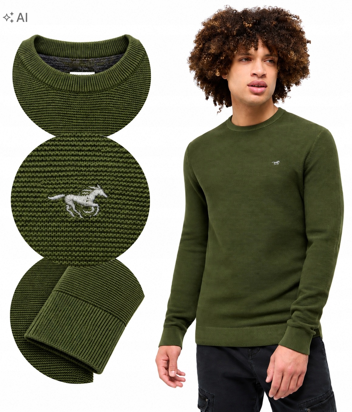 Mustang Pánský svetr Elliot Zelený Regular 100% Bavlna Kulatý výstřih XL
