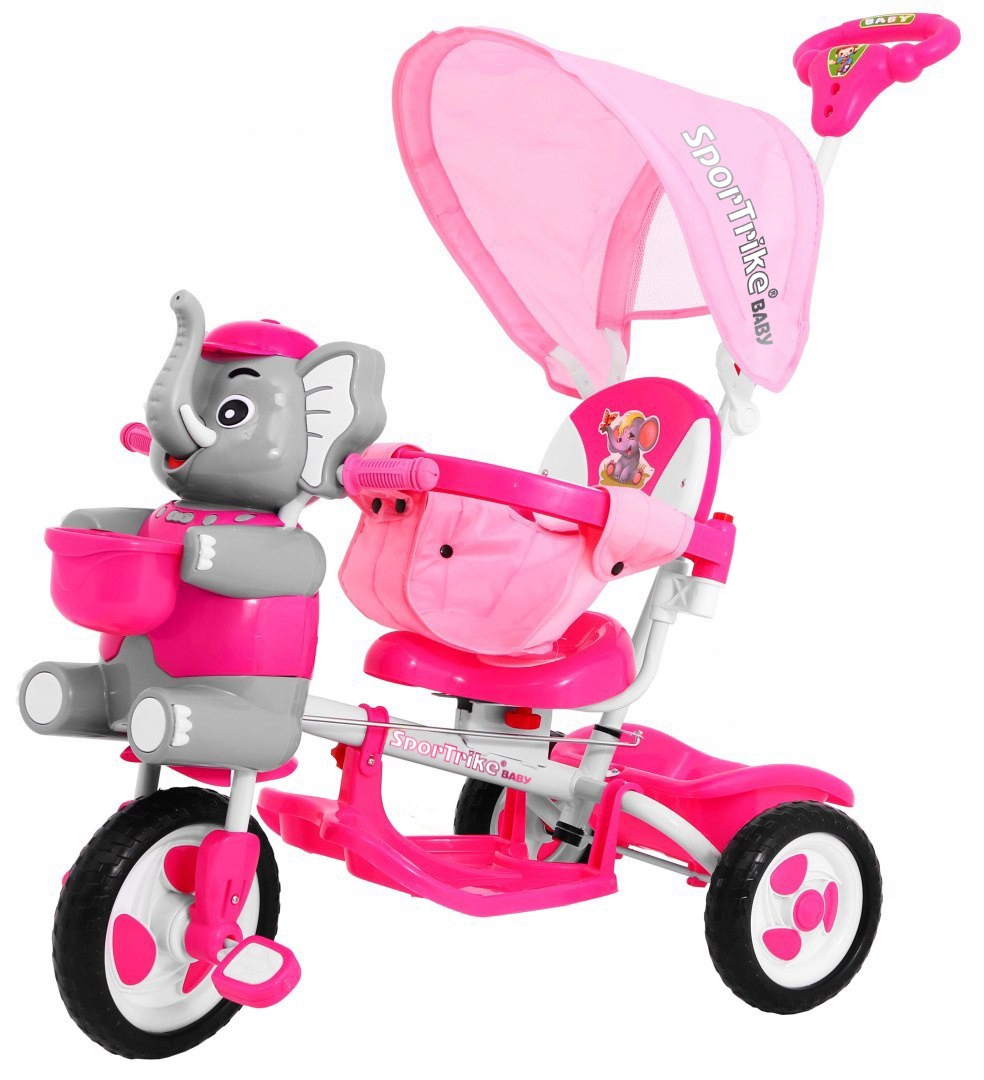 Spacerowy Różowy Trójkołowy Rowerek Słonik Dla Dzieci Dźwięki Daszek