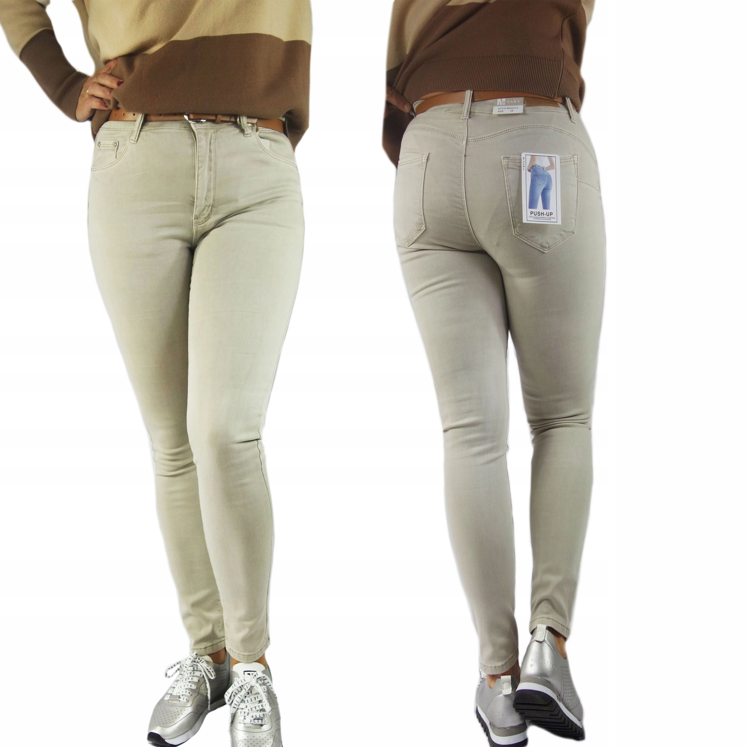 

Spodnie Jeans Damskie Rurki Beżowe Plus Size