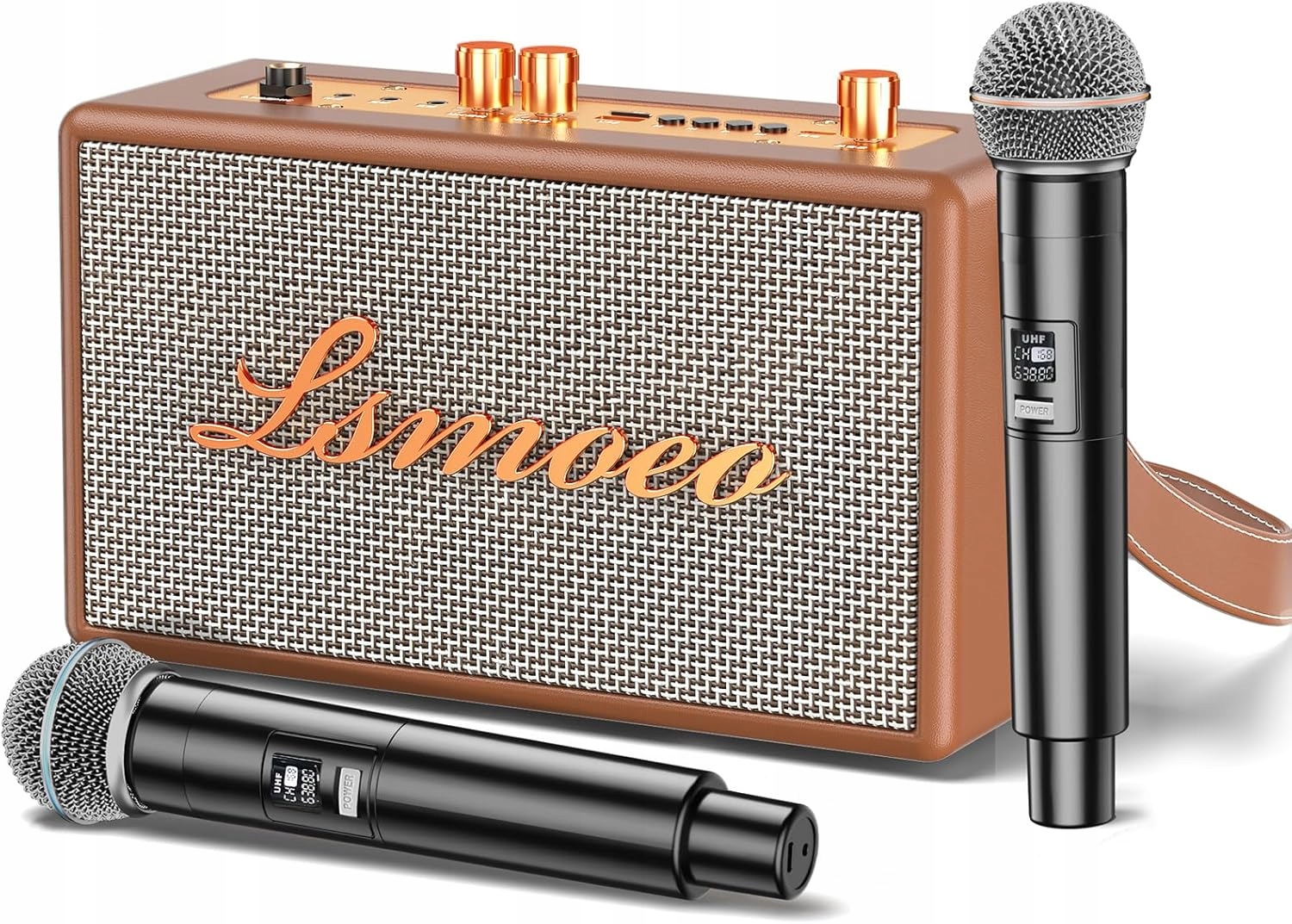 Karaoke reproduktor pro dospělé, 2 bezdrátové mikrofony Retro, hnědý
