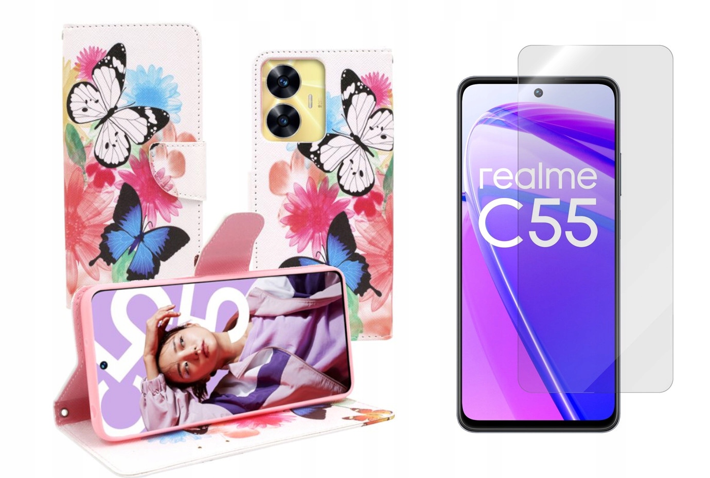 

Etui Fancy Pokrowiec do Realme C55 motyle +szkło