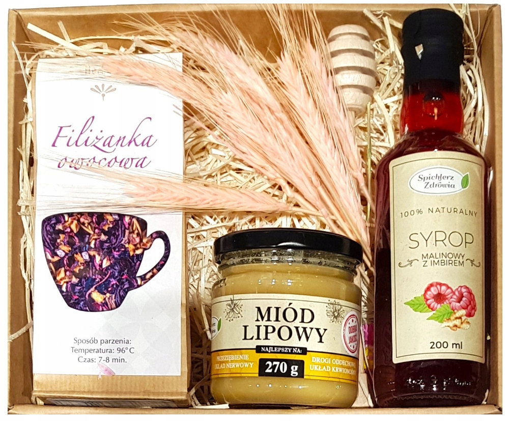 Levně Koš Box Dárková Sada Dárek Čaj Sirup Med Květiny Dárek