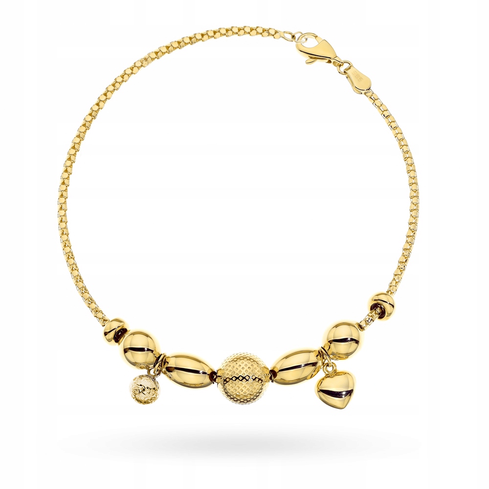 Zlatý náramek 585 s přívěsky Nafukovací srdce a kuličky 8.41 g 20 cm