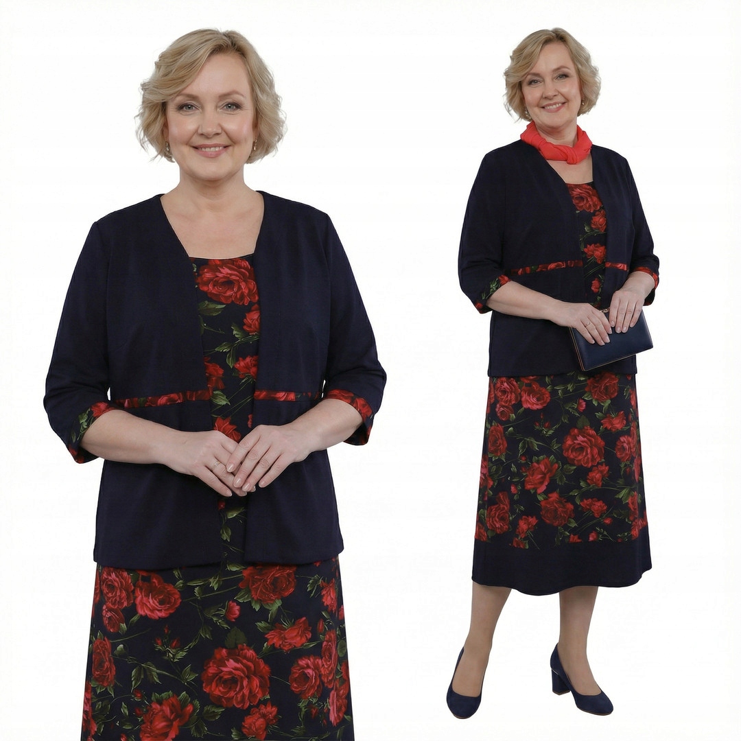 Tmavě modrá šaty s červenými květy a sakem plus size, velikost 64
