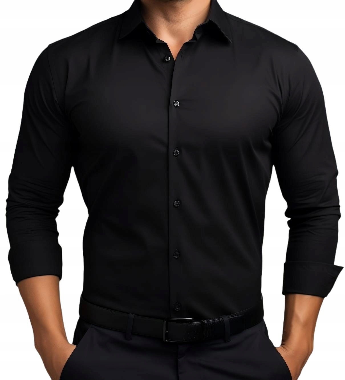 CZARNA ELASTYCZNA KOSZULA MĘSKA Z DŁUGIM RĘKAWEM L06 176-182 / 43-Slim