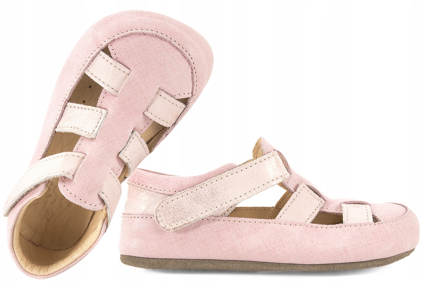 Obex Kapcie dla dzieci Barefoot polskie buty skórzane na rzep różowe r.28