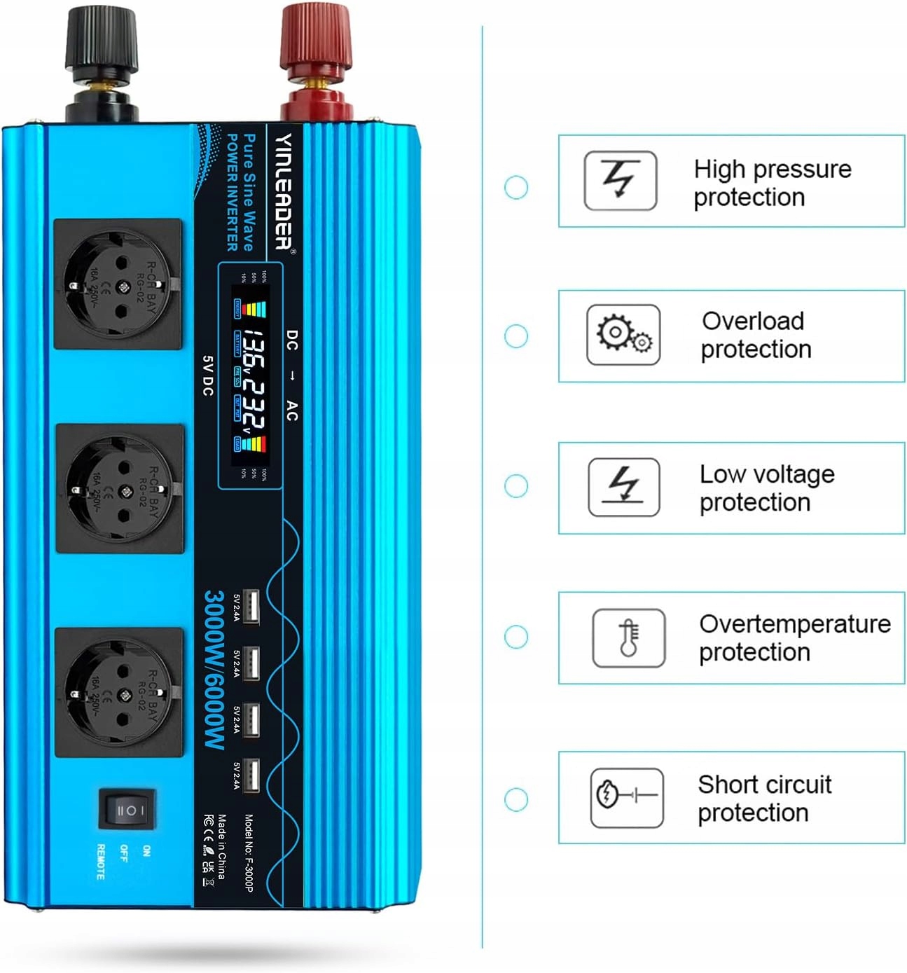 Przetwornica napięcia 3000W/6000W YINLEADER 3 GNIAZDA 4 PORTY USB Napięcie wejściowe 12 V