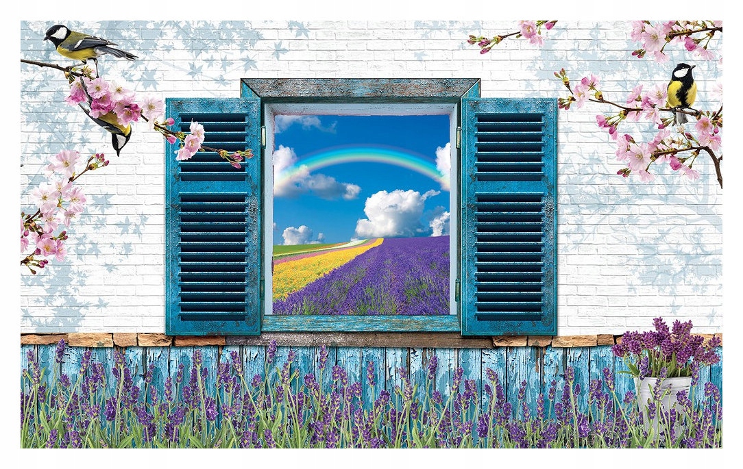 Fototapeta Levandulové okno Provence na cihlové zdi 368x254 lepidlo