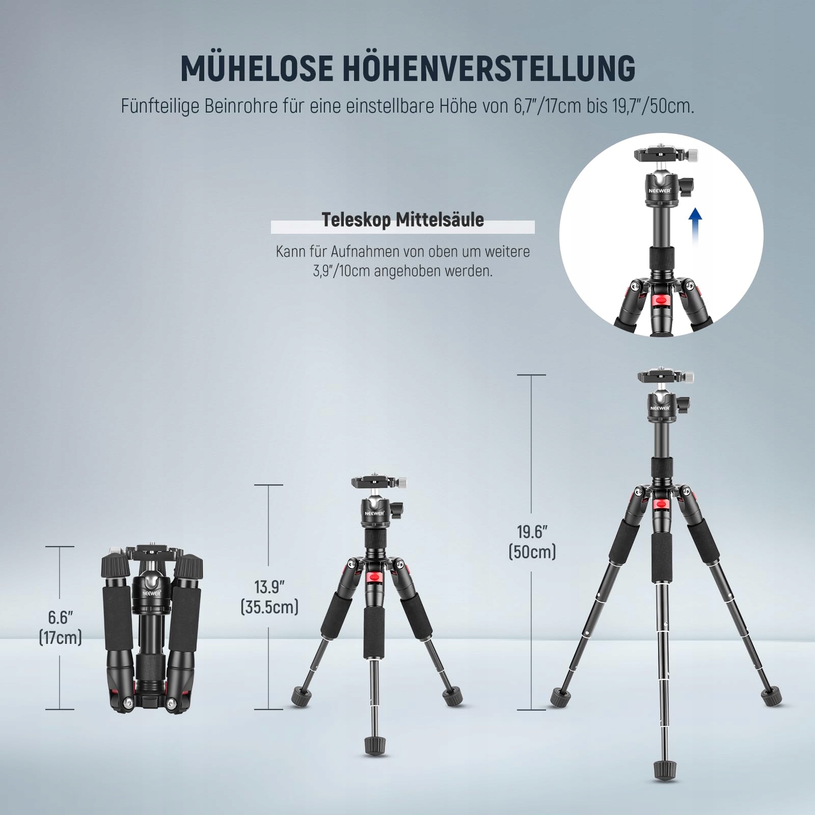 NEEWER Mini Statyw Kamera 360° Głowica Aluminiowy 50cm DSLR Camcorder — miniatura 3