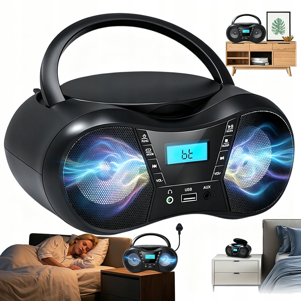 ODTWARZACZ CD BLUETOOTH DO DOMU RADIO FM GŁOŚNIKI PODWÓJNE DŹWIĘK STEREO