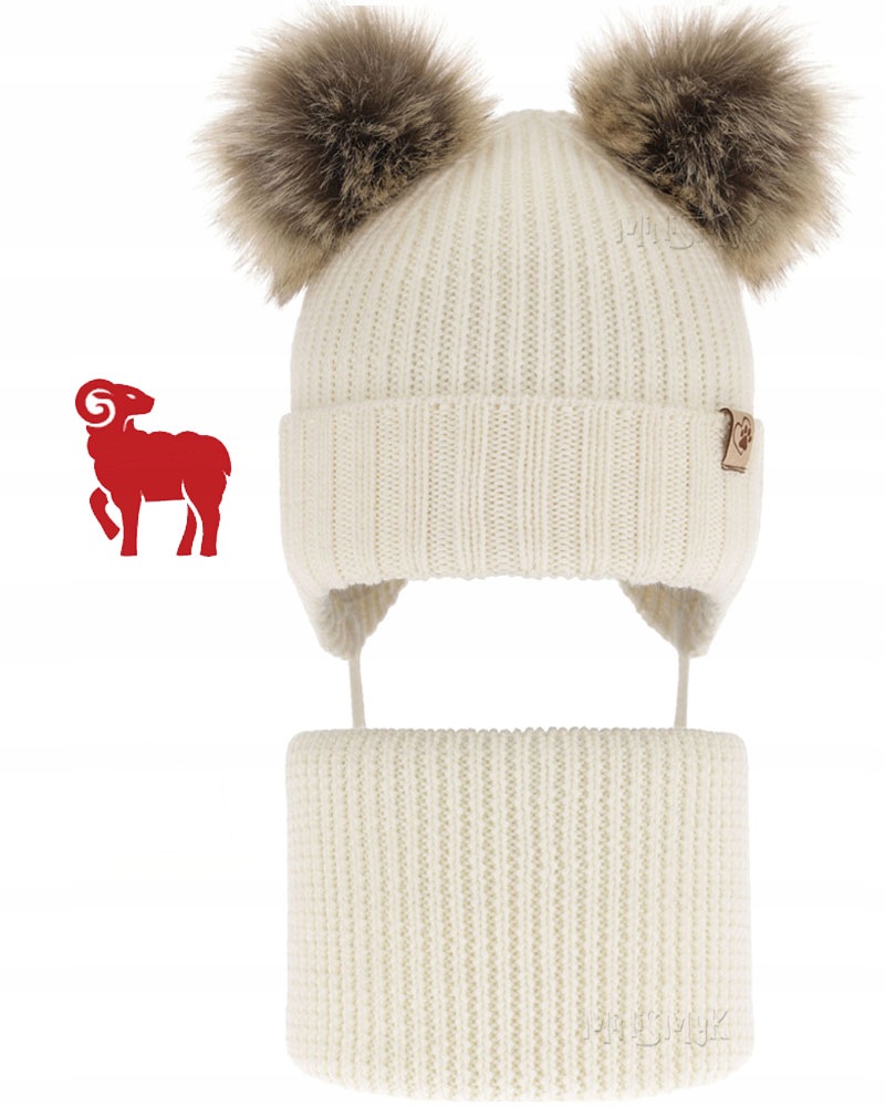 Ecru Ciepły komplet zimowy Czapka wiązana Komin 48-50 Wełna Merino 2-6lat