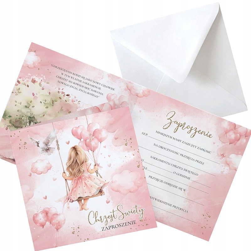 ZAPROSZENIA na Chrzest dziewczynki różowe 10szt (+koperty) Szerokość produktu 15 cm