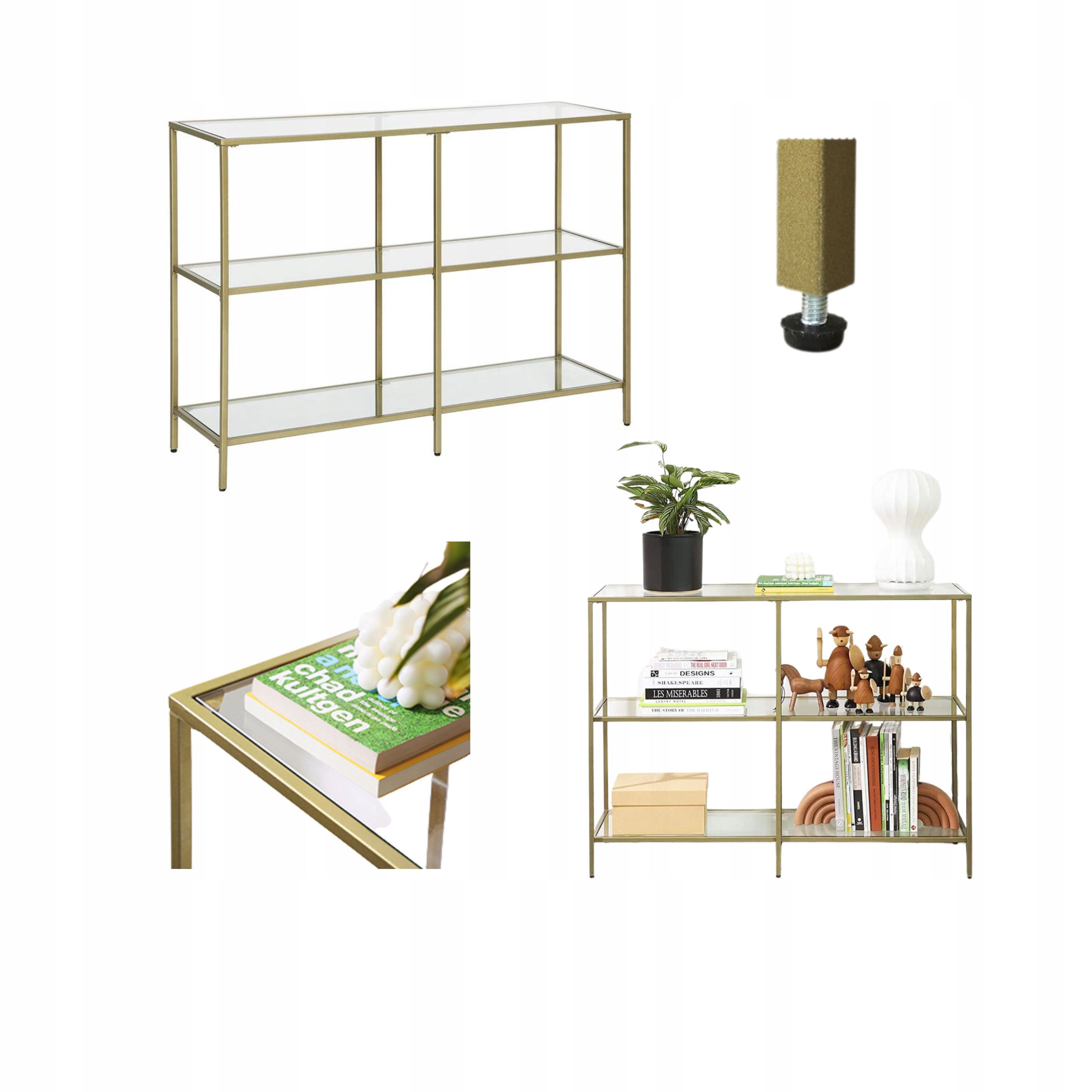 Kávový stolík, sklenená polica, lavica do obývacej izby, predsieň, zlatá úzka konzola