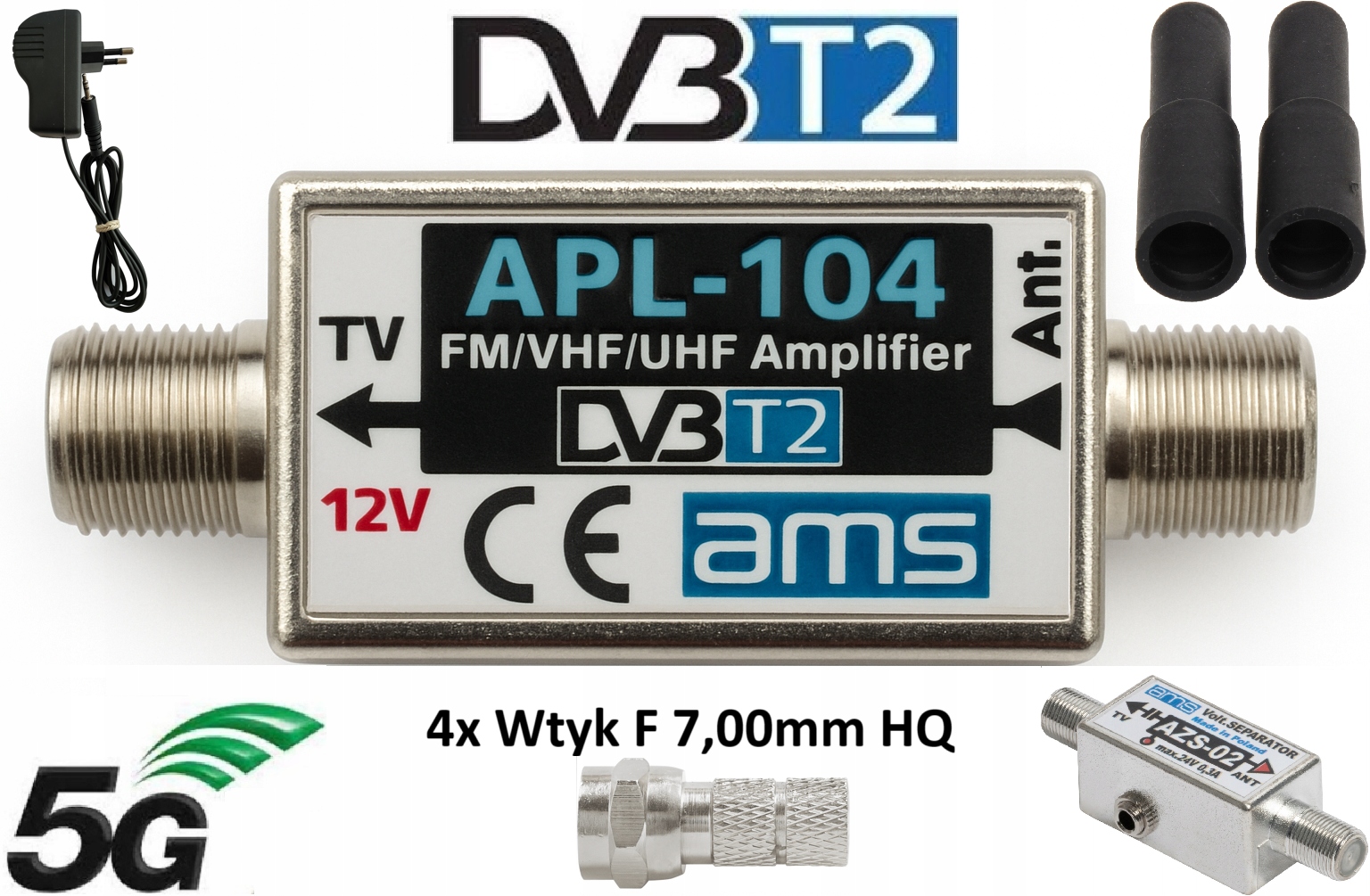 Wzmacniacz APL-104 Separator zasilania AZS-02 Zas. Jack 4x wtyk F
