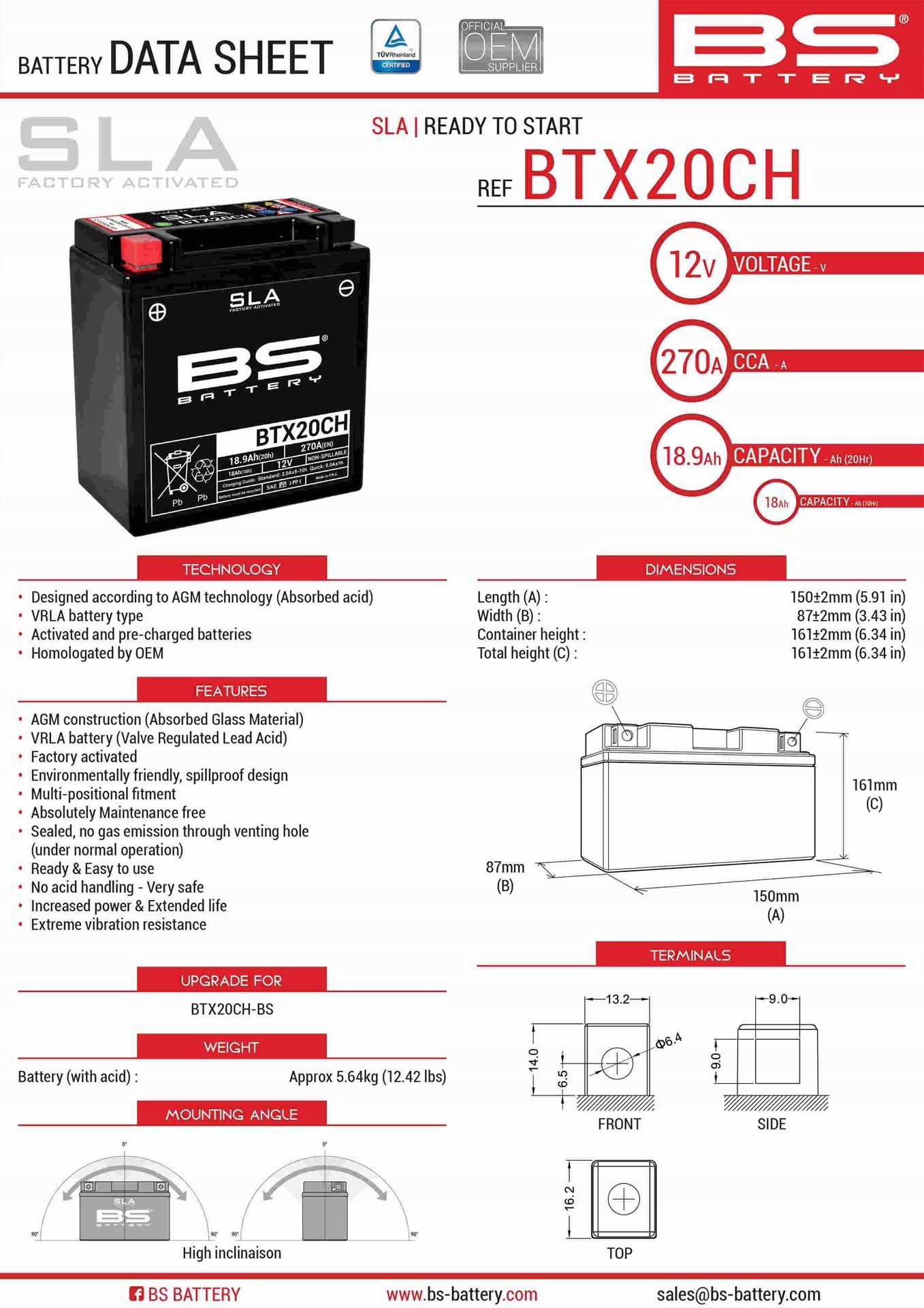 Bs Batéria BTX20CH (fa) (YTX20CH- Bs , YTX20A- Bs 12V 18AH 150X87X161 Bezo