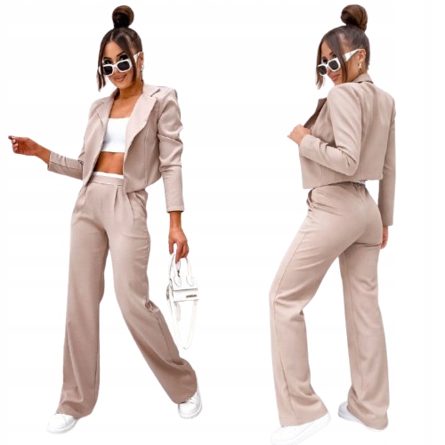 Garnitur Damski Komplet Marynarka Żakiet Spodnie Beżowy Polski Produkt L