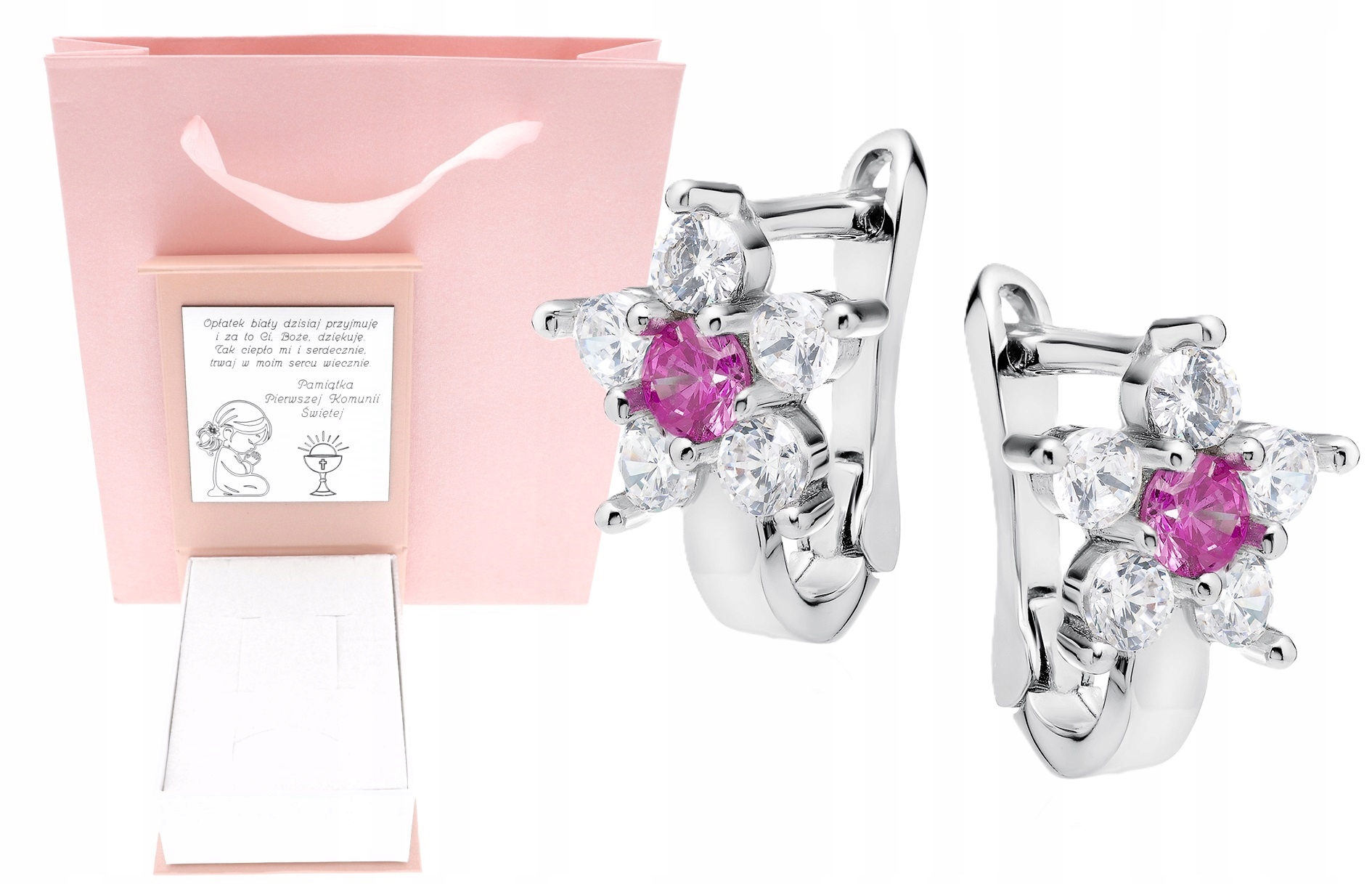 Stříbrné náušnice anglické Rubínové květy Svaté Přijímání Křest Roček Gravírování