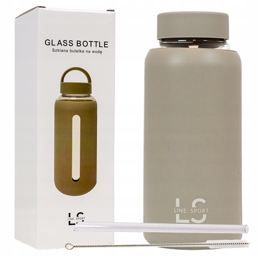 Butelka Na Wodę Szklana Z Rączką I Słomką Zestaw Oliwkowy 800ML Line Sport