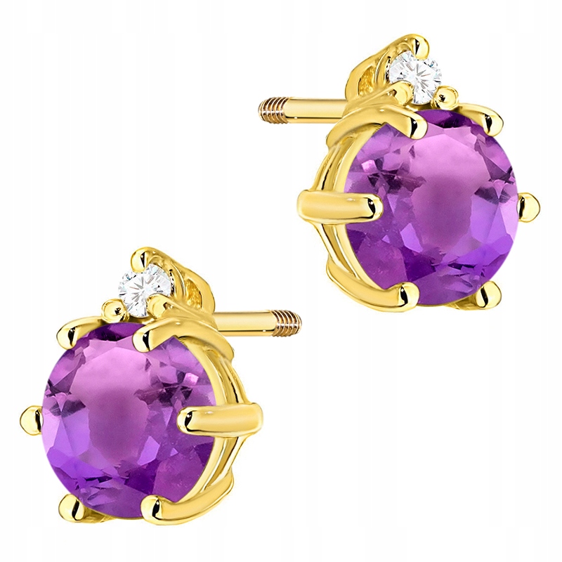 Złote Kolczyki Damskie pr. 585 14k Ametyst 1,00ct i Brylanty Pudełko