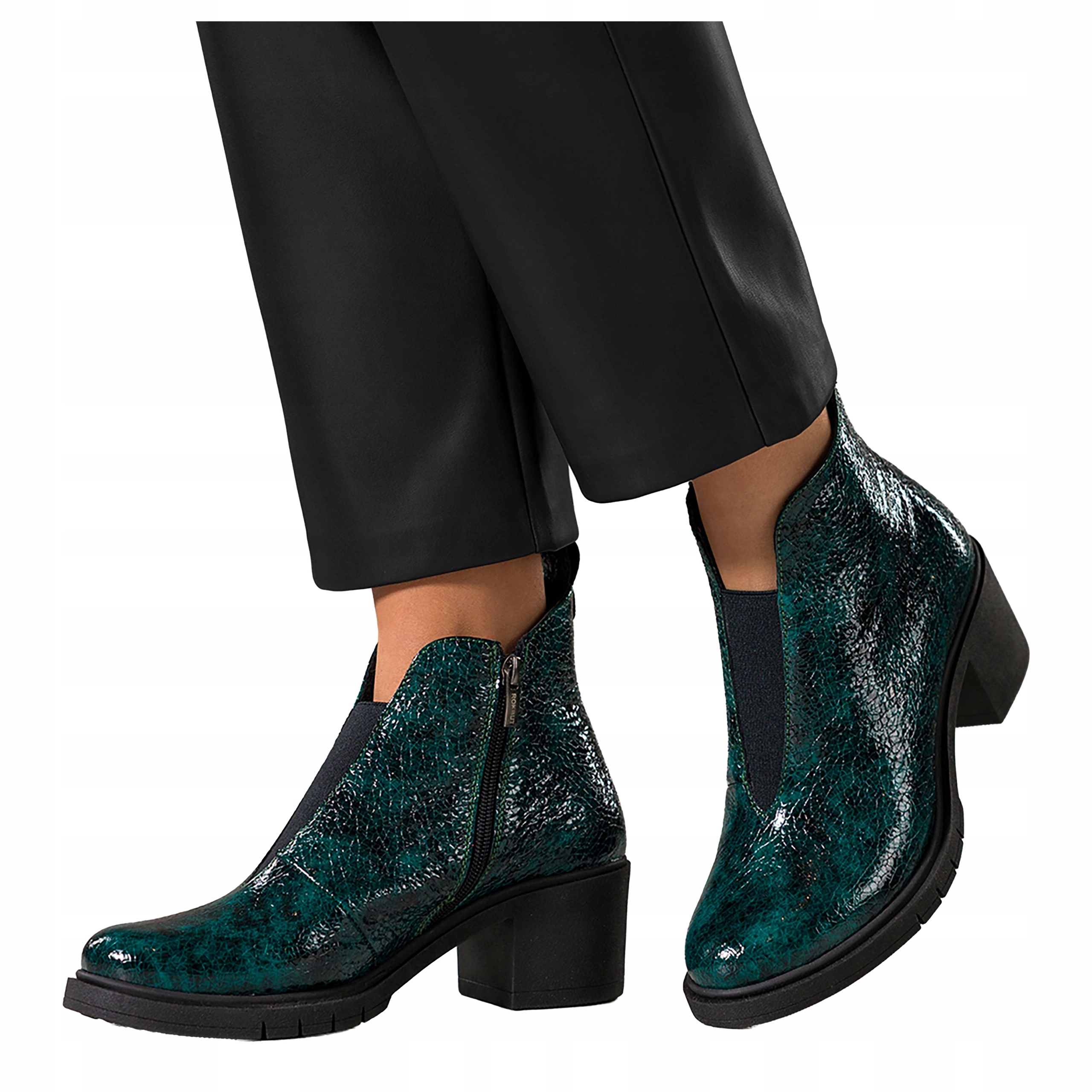 Kotníkové Boty Zelené Dámské Lakované Kožené Vzor Hadí Kůže Na Stabilním Podpatku Moderní vel. 37