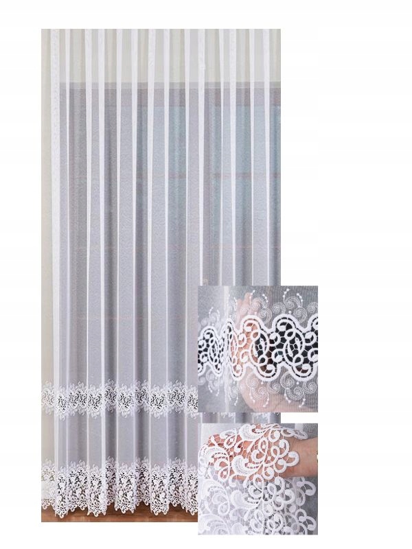 Dlouhý bílý s guipurou Záclona do obývacího pokoje s řasící páskou, šíře 260x220