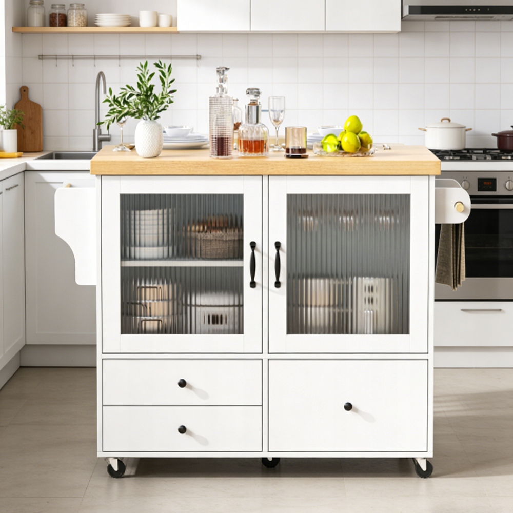 IDEALNY DO KUCHNI – BIAŁA MOBILNA WYSPA Z PRZESTRZENIĄ NA RZECZY I STOŁEM