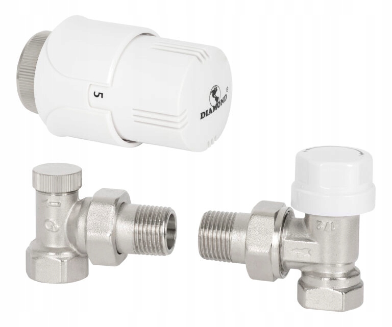 ZESTAW TERMOSTATYCZNY KĄTOWY ZAWORY FI 1/2" GŁOWICA TERMOSTATYCZNA KOMPLET Zawiera baterie nie