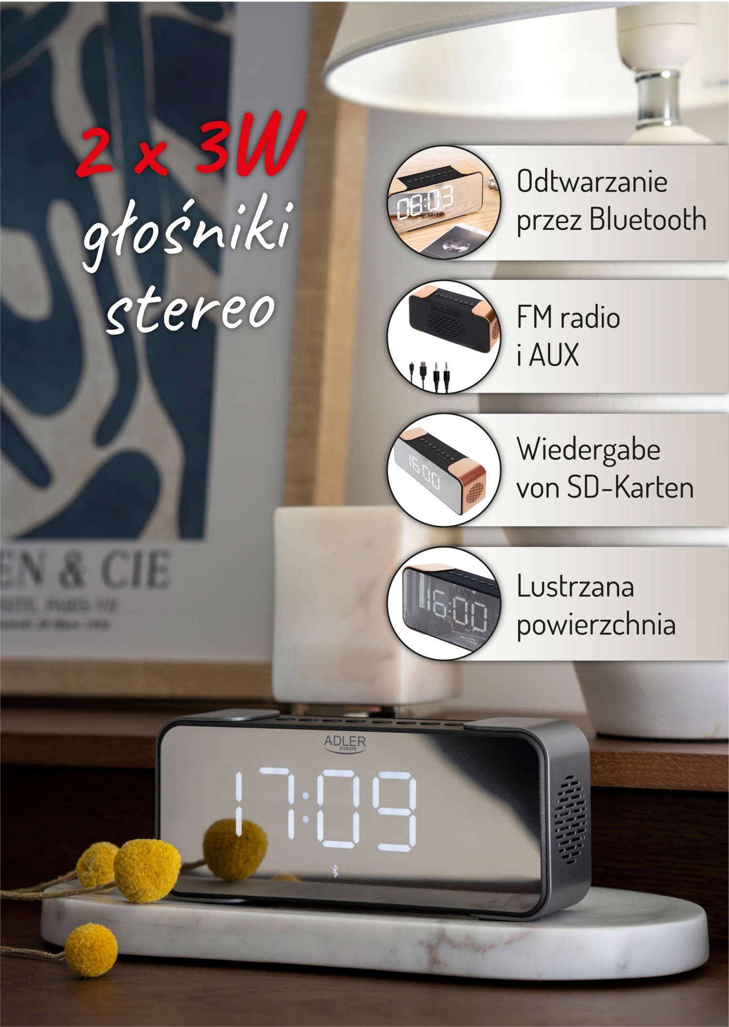 Radiobudzik AD 1190 Silver Bluetooth FM USB AUX SD Budzik LCD