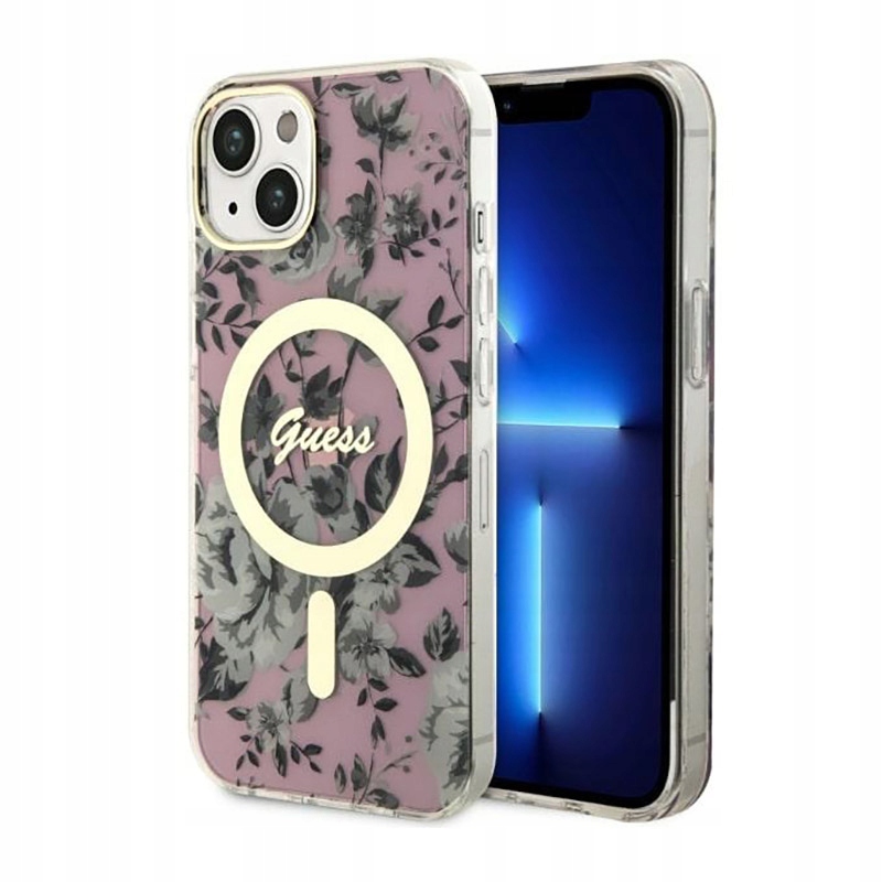 Guess Flower MagSafe – Pouzdro pro iPhone 14 (růžové)