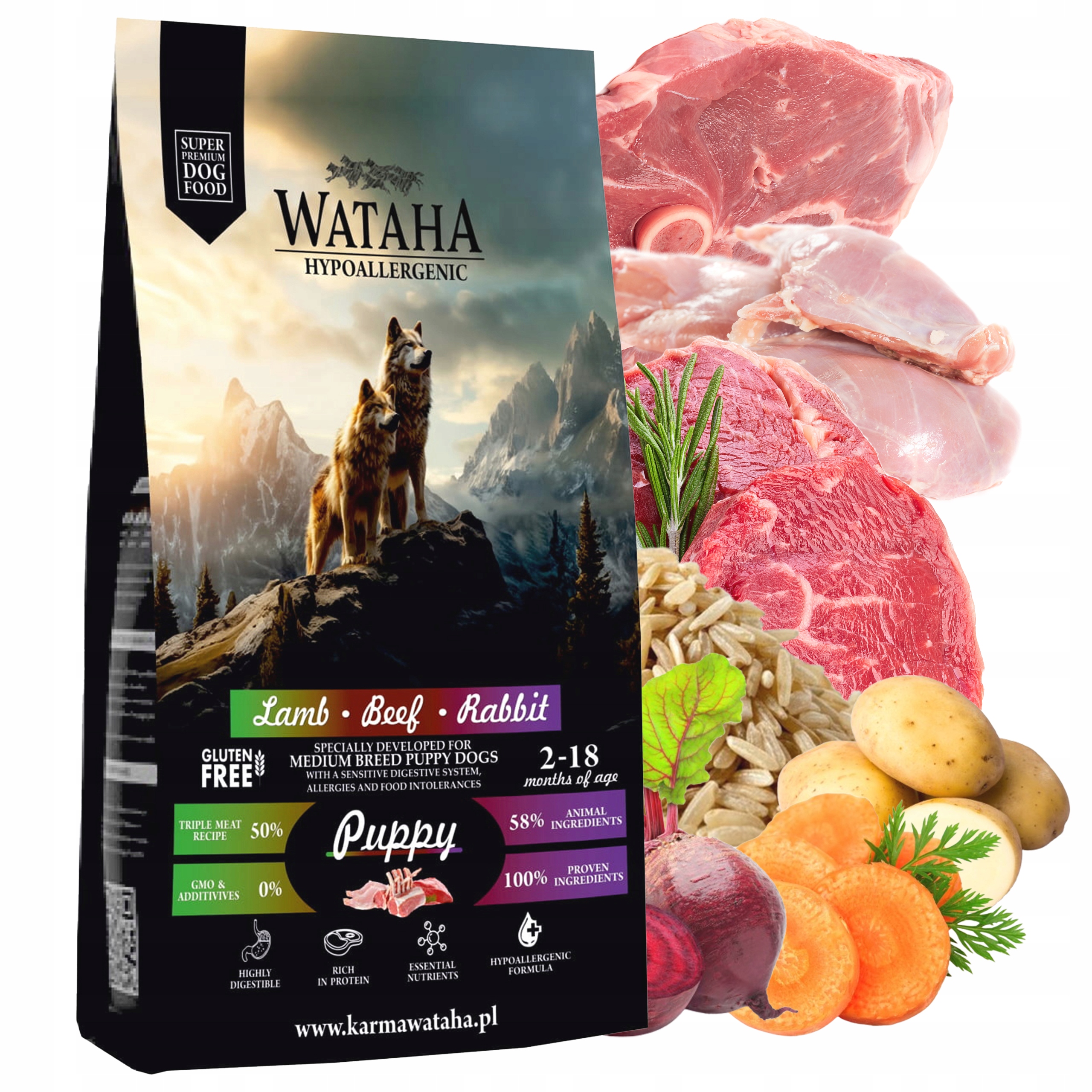 Levně Wataha Střední plemena krmivo pro štěňata Jehněčí králík Hovězí rýže 2 kg