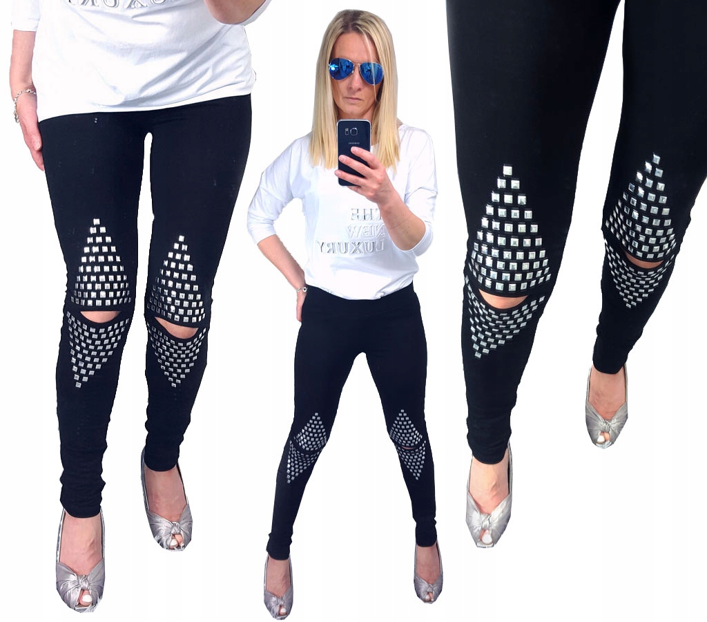 

Spodnie Legginsy Rurki Ćwieki Ripped Getry Dziury