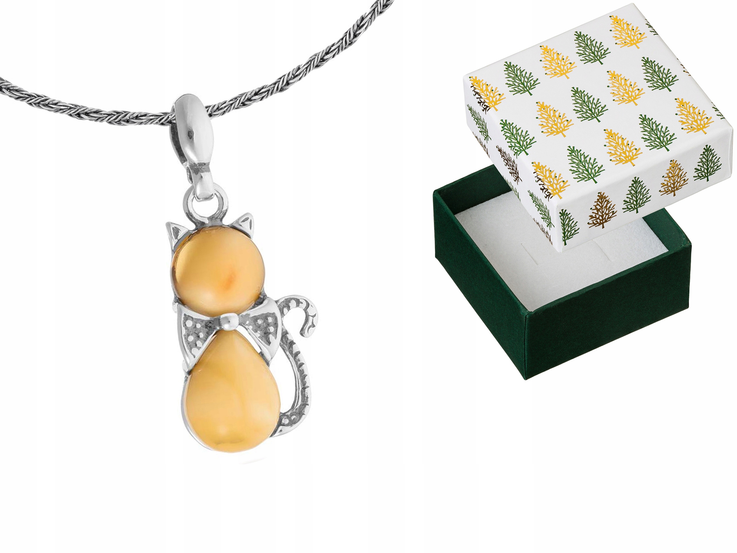 Stříbrný náhrdelník Kočka Přívěsek s jantarem Přívěsek Kočička Řetízek 80 cm