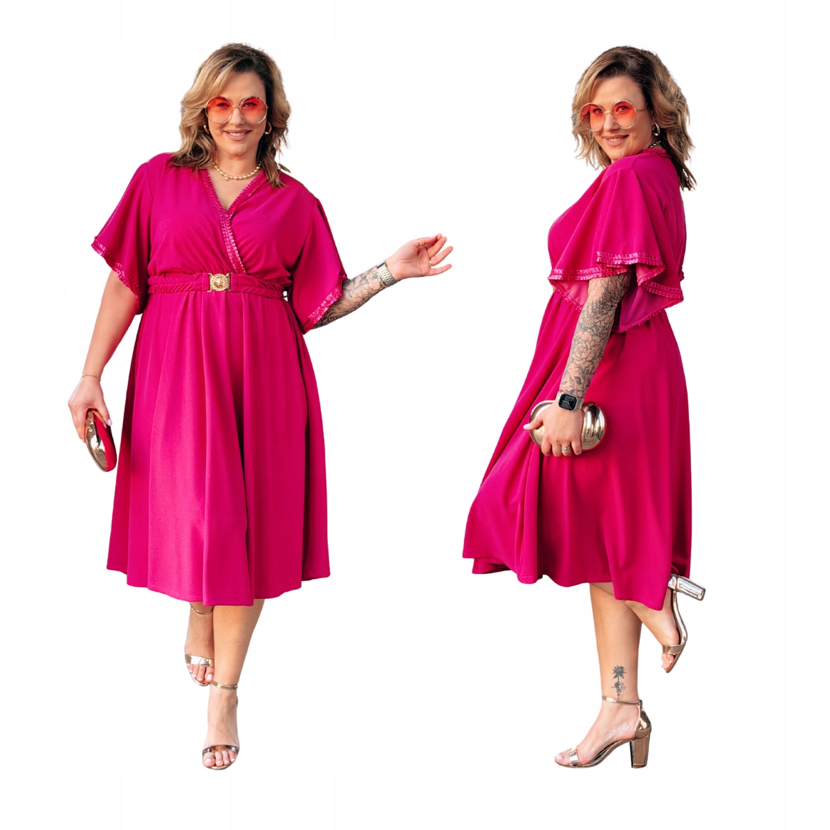 Sukienka Duże Rozmiary Plus Size Midi z Paskiem Damska Cavaricci Fuksja