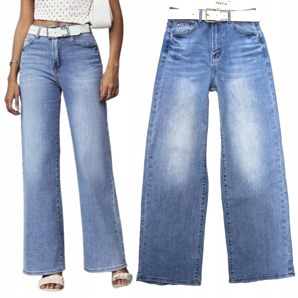 M.sara Modne Spodnie Jeansy Wysoki Stan Proste Szerokie Nogawki Pasek 42 XL