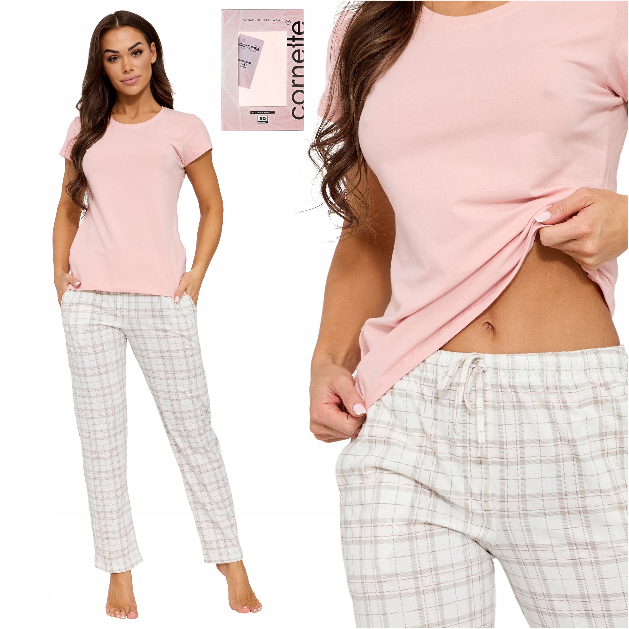 Piżama damska bawełniana Cornette krótki rękaw długie spodnie w kratkę XL
