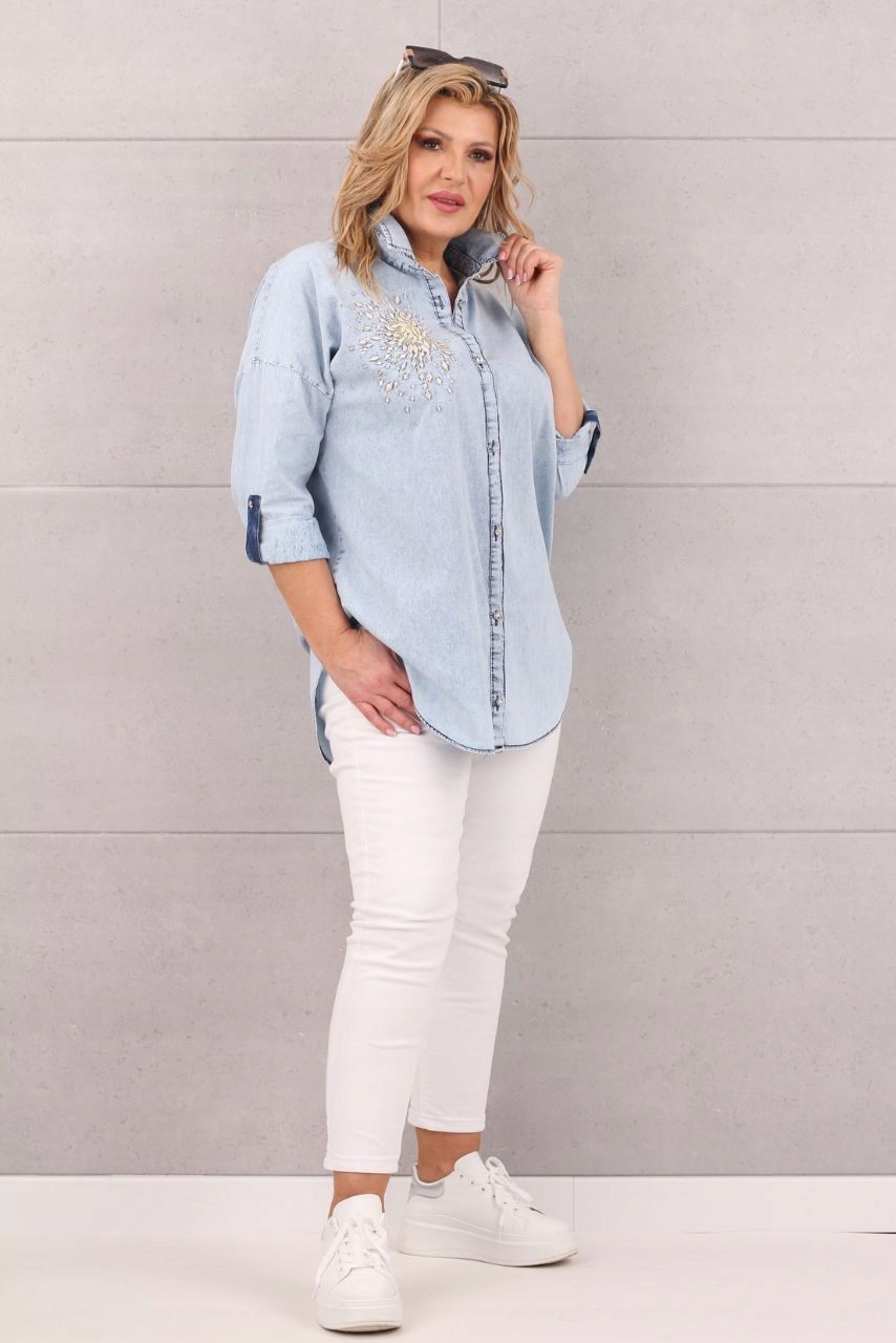 KOSZULA JEANSOWA DAMSKA DUŻE ROZMIARY ELEGANCKA DŁUGA OVERSIZE STYLOWA Rozmiar 42