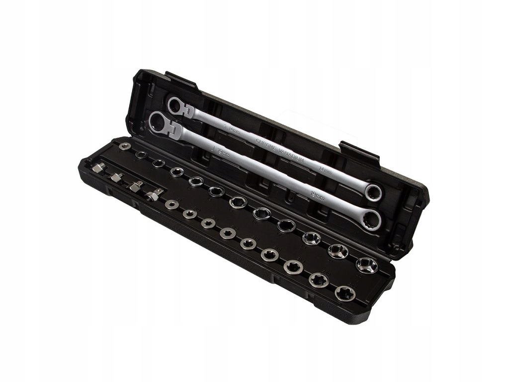 Obojstranné račňové očkové kľúče a priechodná hlavica, sada 27 dielov M58595