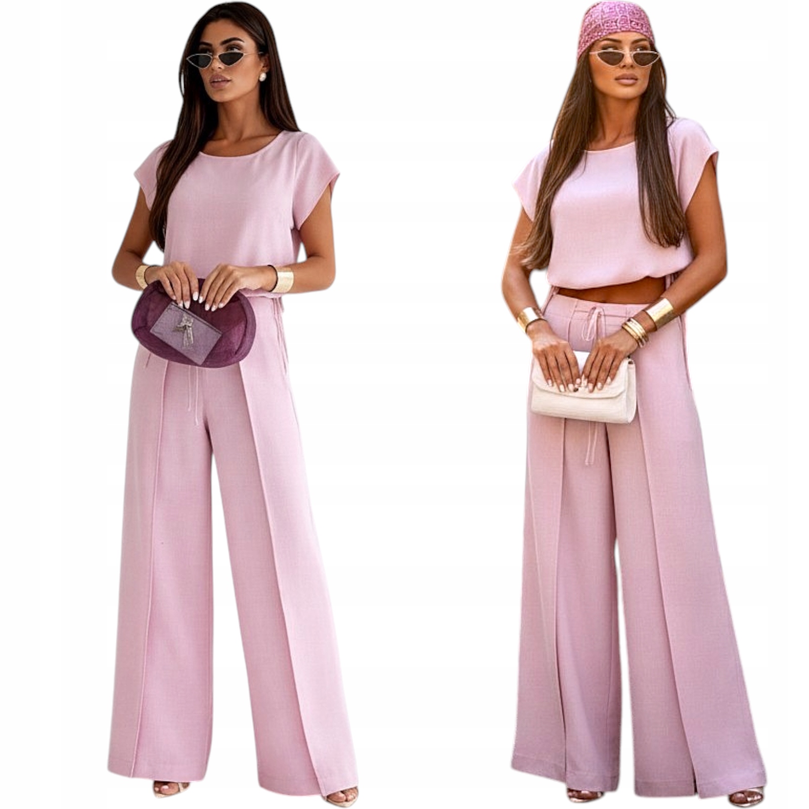 komplet damski Szerokie spodnie bluzka Polska produkcja Róż L