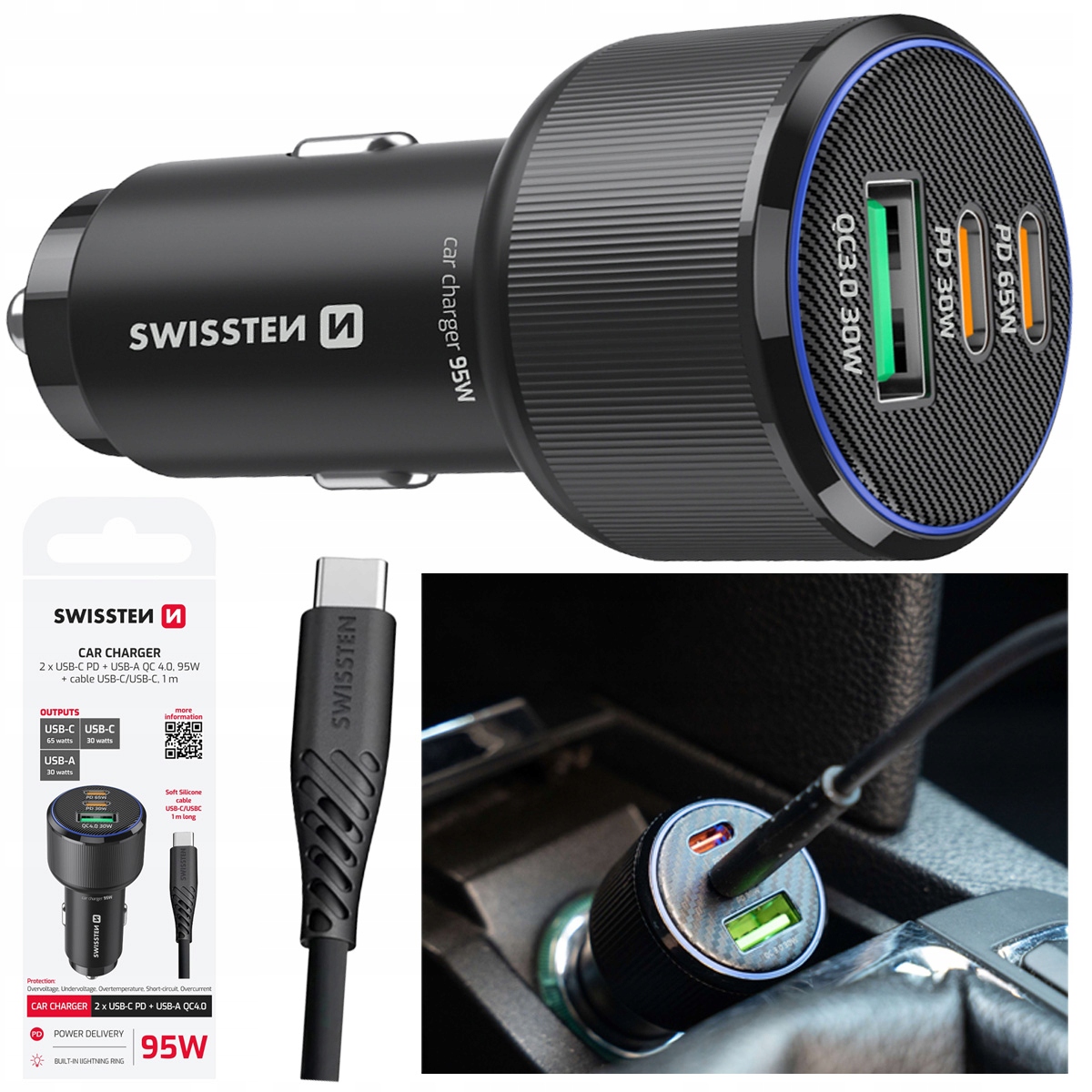 Swissten Ładowarka Samochodowa 2x Usb-c Pd Usb-a 95W+ Kabel Usb-c 1m