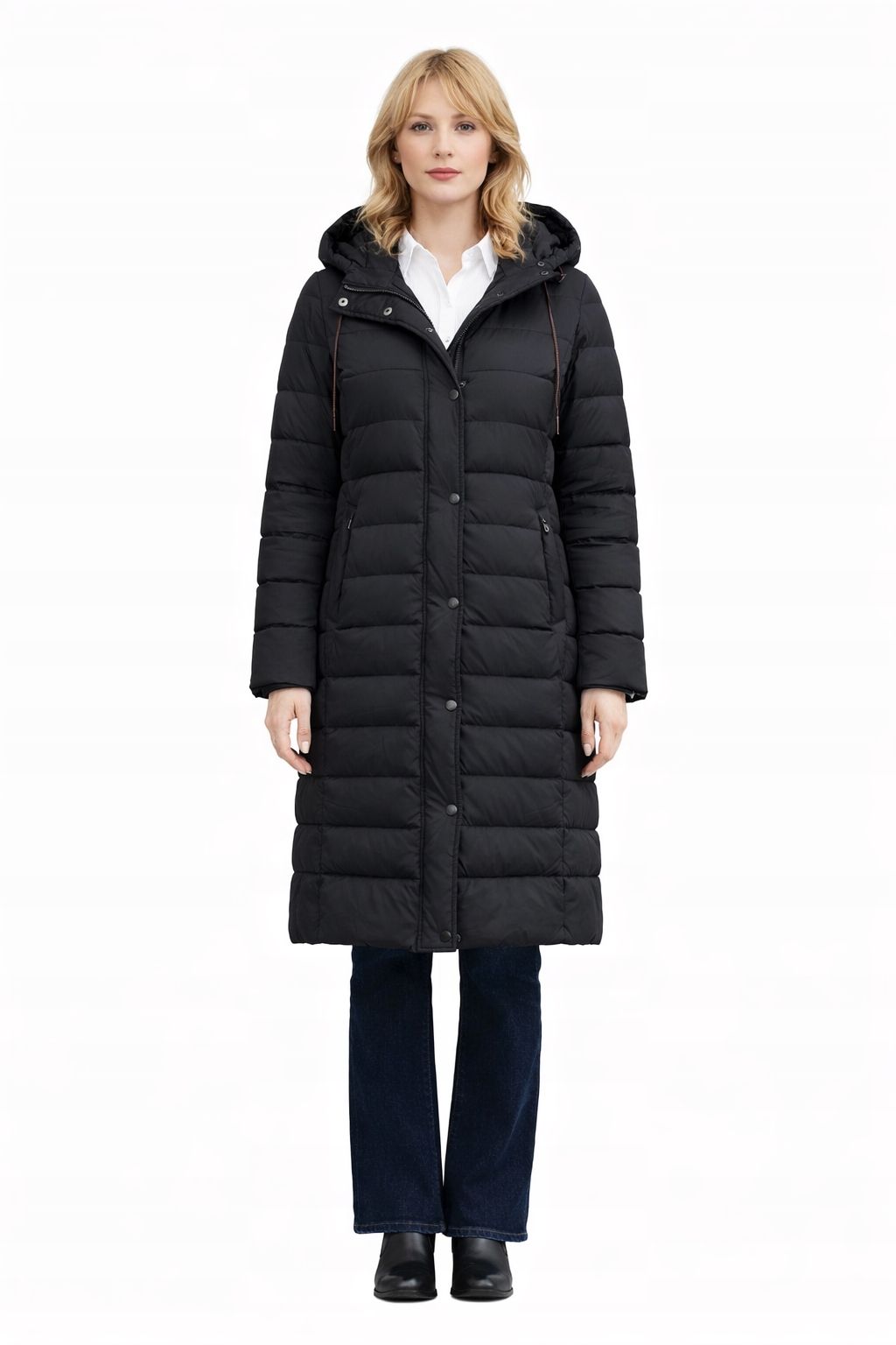Černá Prošívaná Bunda S Kapucí Do Poloviny Lýtka L I3A