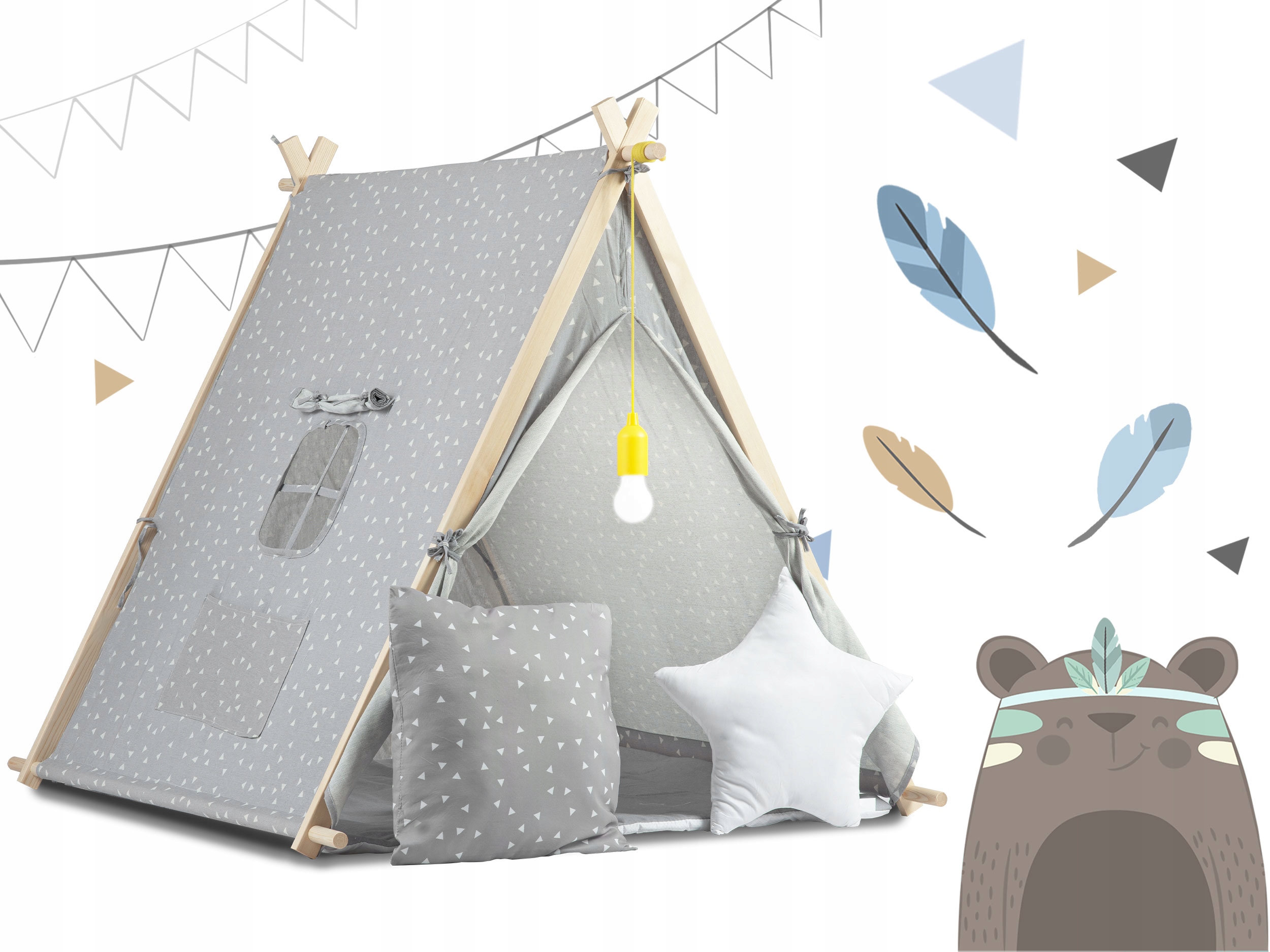 TIPI namiot dla dzieci DOMEK Poduszki LAMPKA LED Bawełna PREMIUM Nukido Długość 116 cm