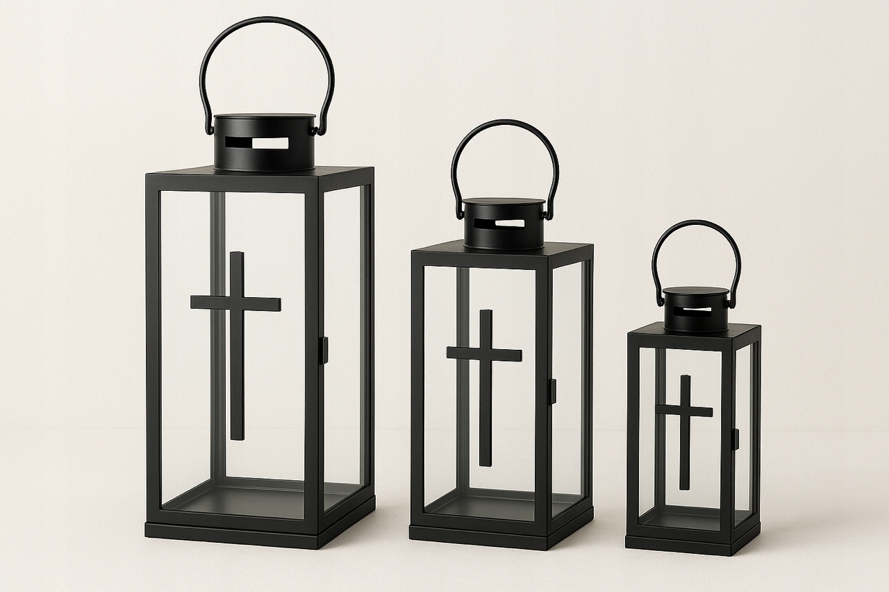 Lucerny lampiony 36 49 63 cm Černý Hřbitovní Svíčka na hrob hřbitov ocel s křížem