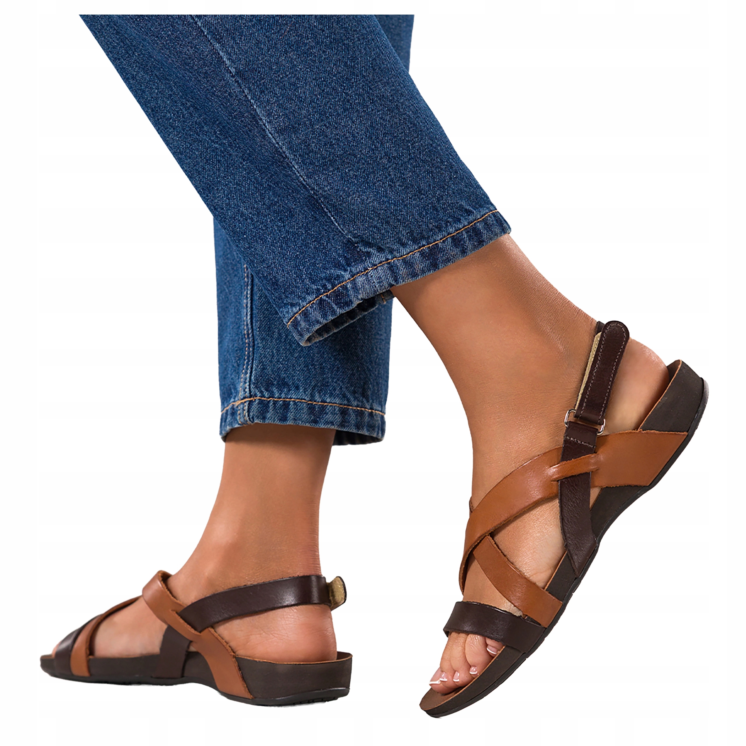 Čokoládové Sandály Dámské Ploché Na Suchý Zip Pásky na kříž Kožené vel. 37